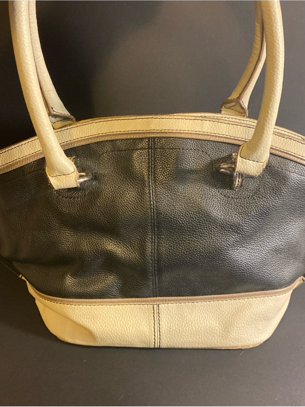Vintage Tignanello Leather Shoulder Bag Black‎ Cream Tote Purse Work Handbag